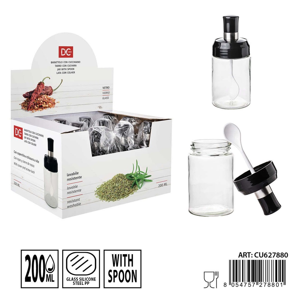 Bote de cristal con cuchara 200 ml - Dispensador y almacenamiento de líquidos (6.5x15.5 cm)