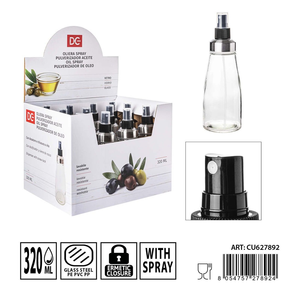 Aceitera spray de cristal 320 ml - Dispensador de aceite (6.8x6.8x20.5 cm)