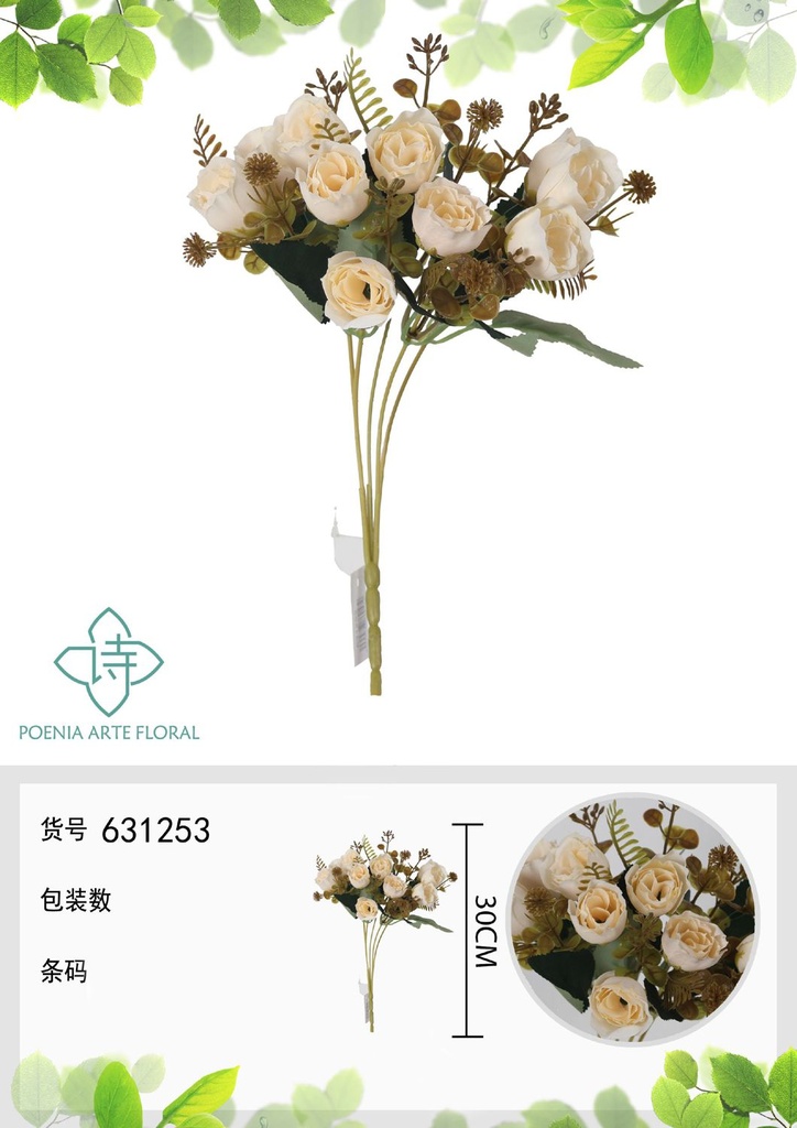Ramo de flores artificiales de rosa de otoño nueva de 30 cm - Decoración floral