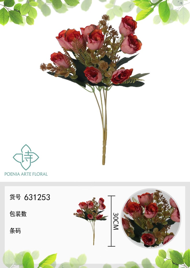Ramo de flores artificiales de rosa de otoño nueva de 30 cm - Decoración floral
