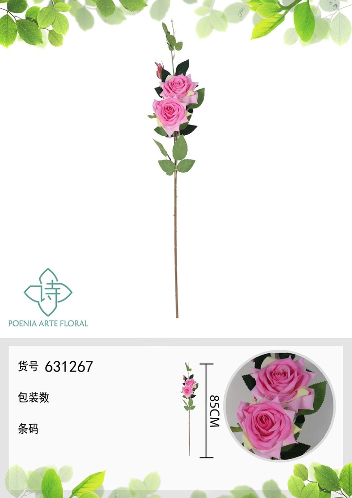 Ramo de flores artificiales de rosa china de 85 cm con 3 flores - Decoración floral