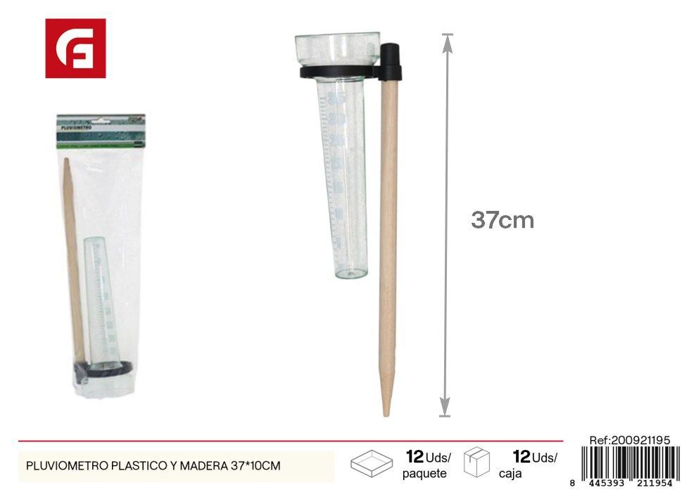 Pluviómetro plástico y madera 37*10 cm - Medidor de lluvia para jardines