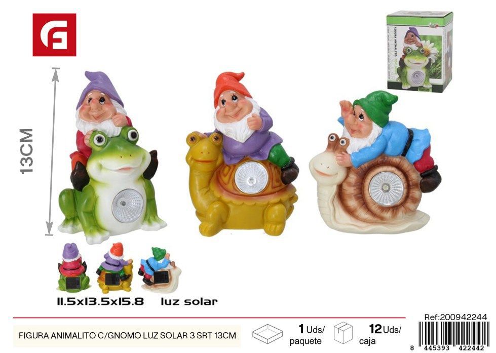 Figura animalito con gnomo luz solar 3 surt. 13 cm - Adornos solares de jardín