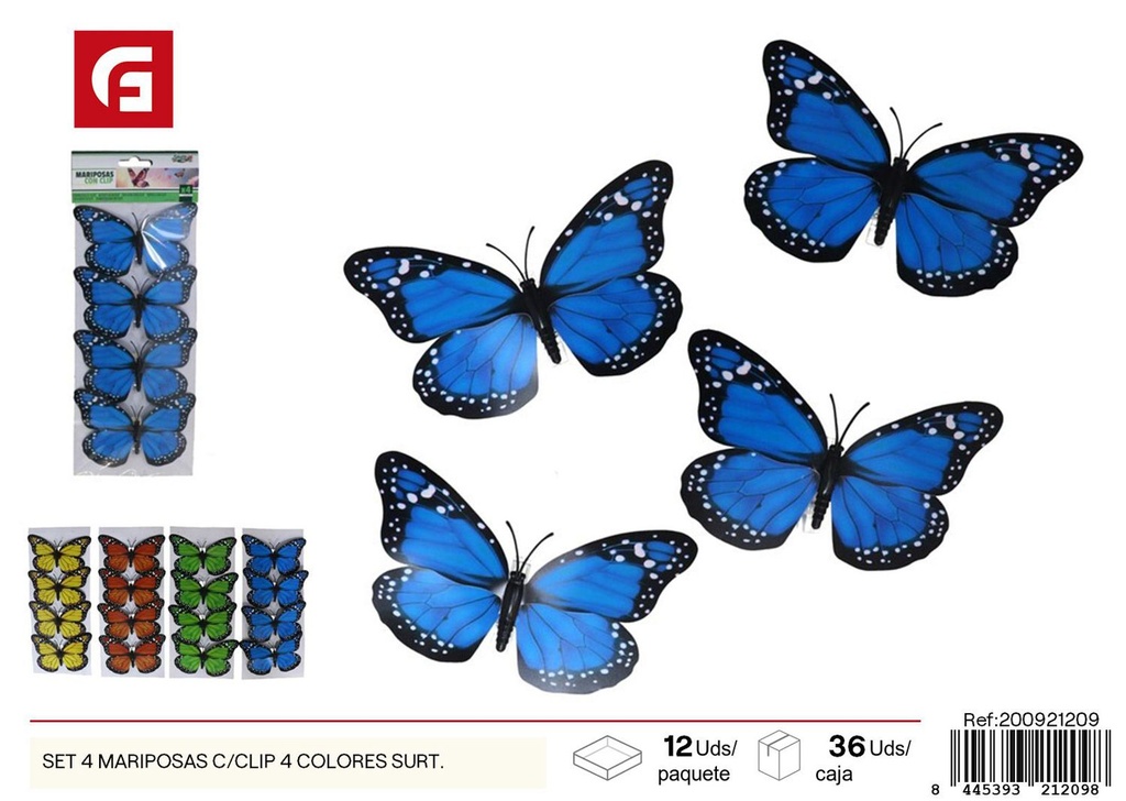 Set de 4 mariposas con clip 4 colores surt. - Ornamentación para jardín