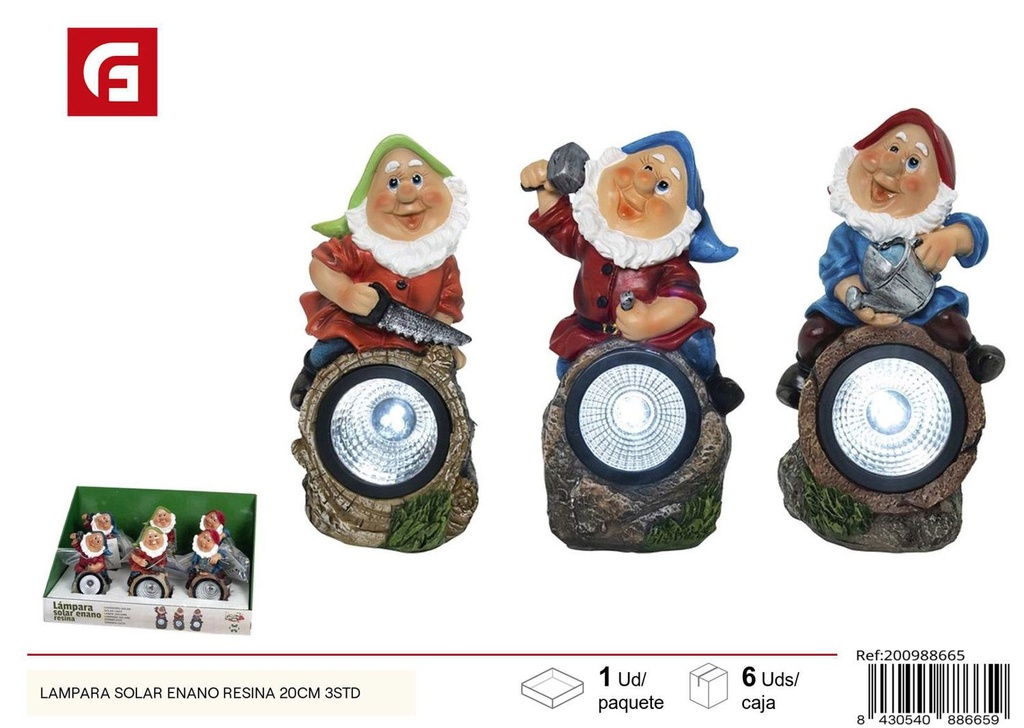 Lámpara solar enano resina 20 cm 3 surt. - Decoración de jardín