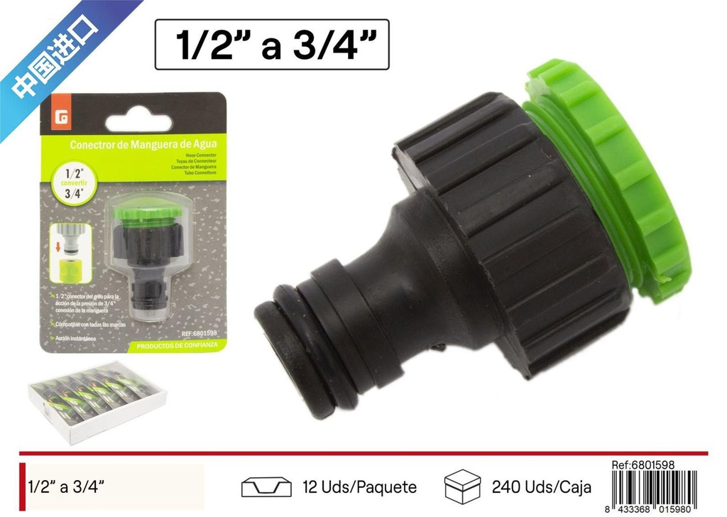 Convertidor manguera 1/2 a 3/4 - Accesorios de riego