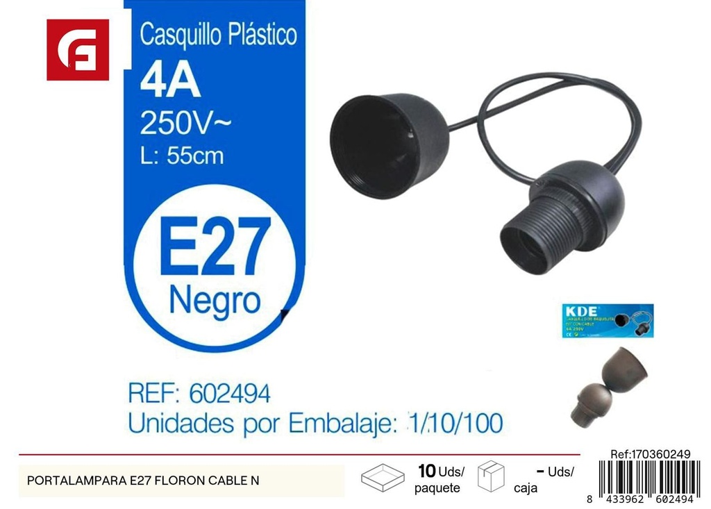 Portalámpara E27 Floron cable N - Suministros eléctricos y portalámparas