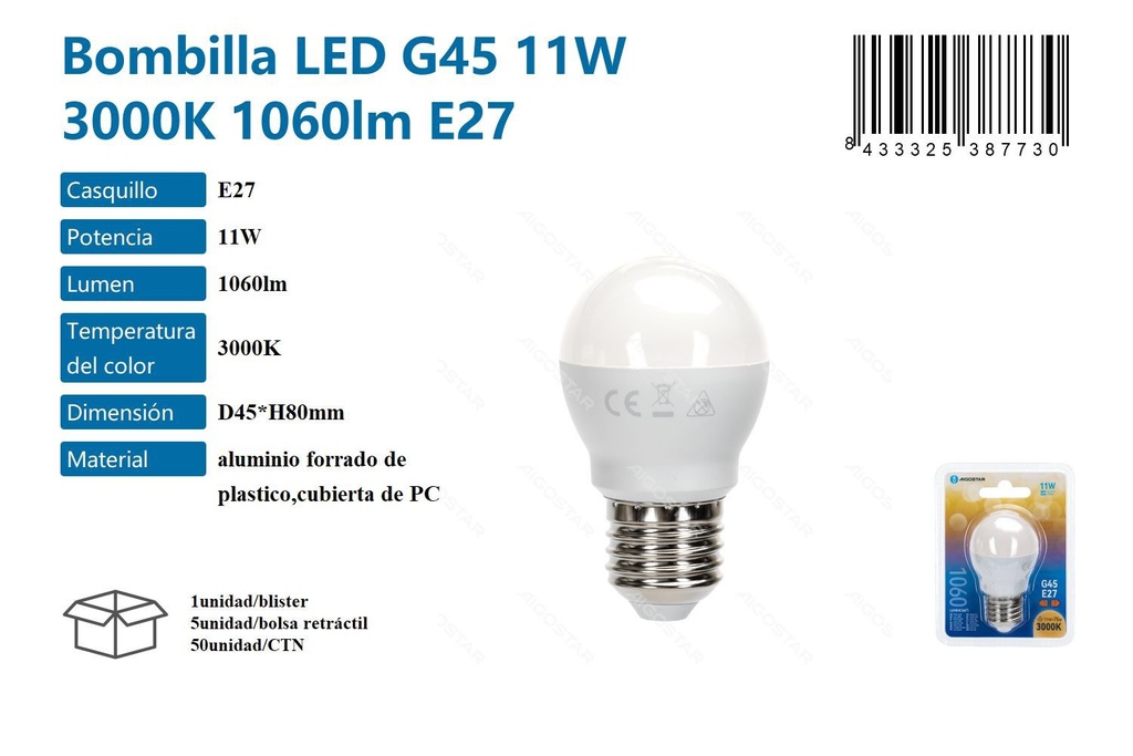 Bombilla LED G45 11W 3000K 1060LM E27 - Iluminación LED
