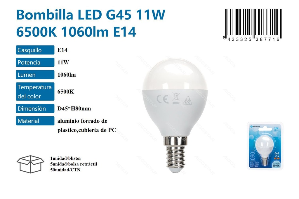 Bombilla LED G45 11W 6500K 1060LM E14 - Iluminación moderna y eficiente