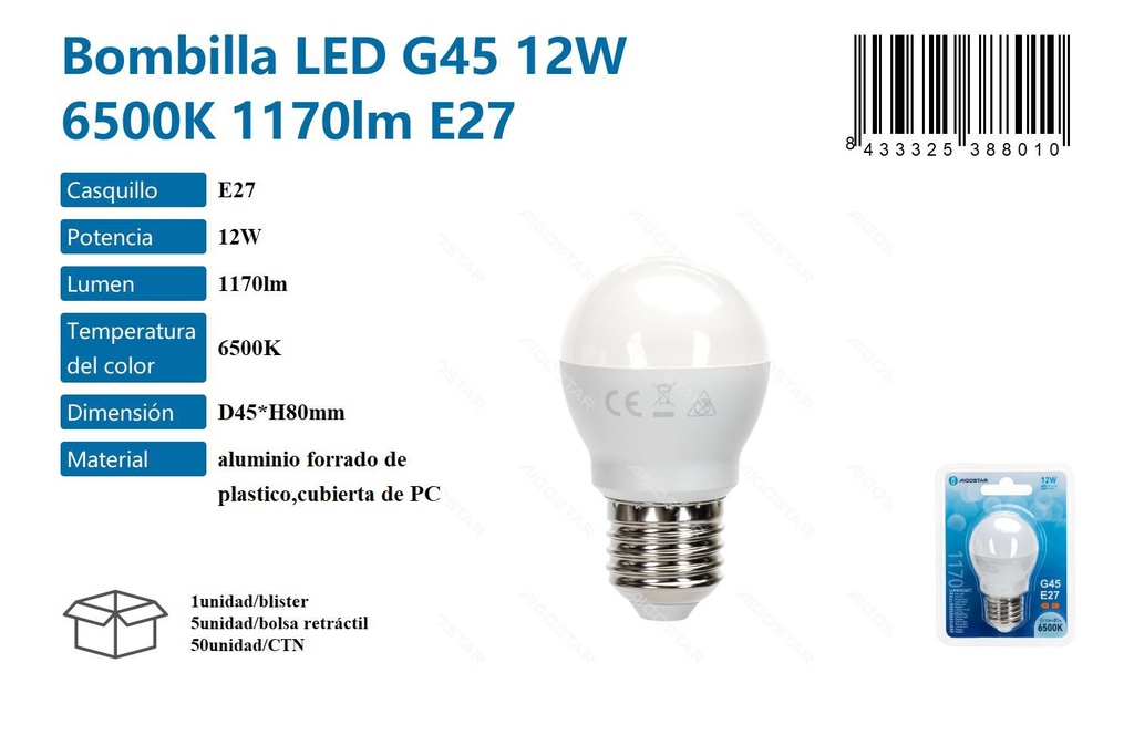 Bombilla LED G45 12W 6500K 1170LM E27 - Iluminación LED