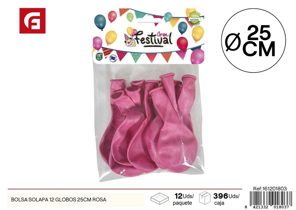 Bolsa solapa 12 globos 25 cm rosa - Decoración festiva para eventos