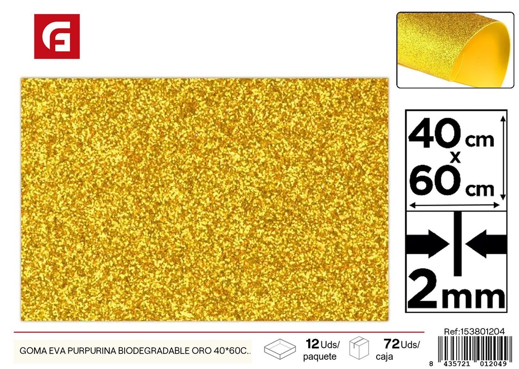 Goma EVA purpurina biodegradable oro 40x60 cm - Materiales de manualidades