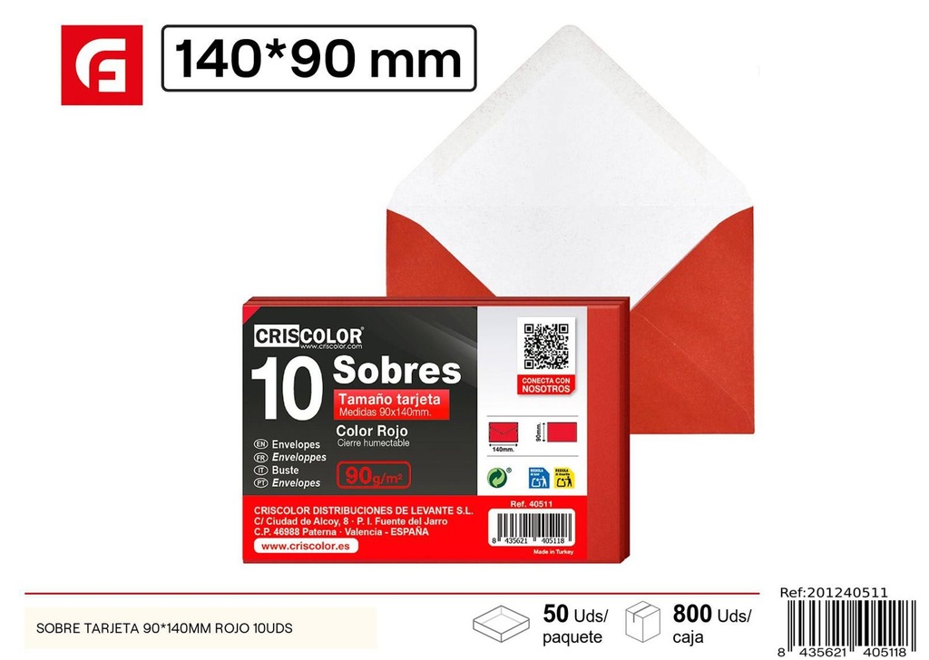Sobre tarjeta 90*140mm rojo 10uds - Material de oficina para envíos