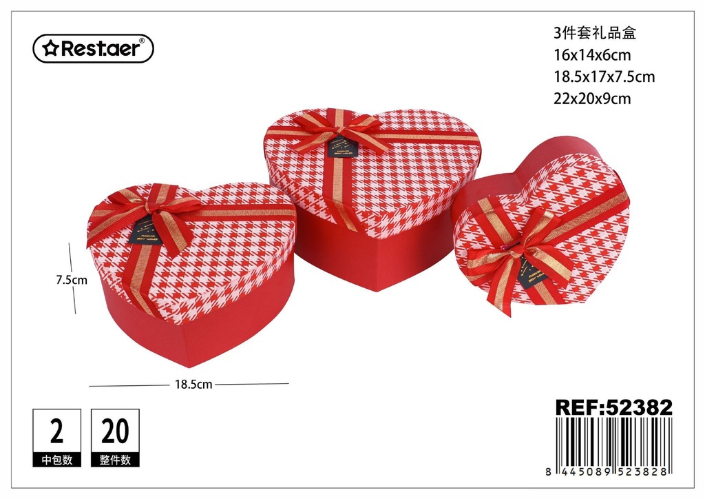 Set de 3 cajas de regalo en forma de corazón rojas 22x20x9 cm