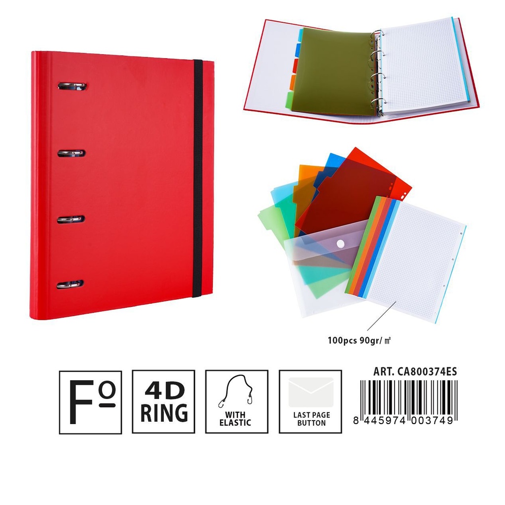 Carpeta multifunción 4 anillas D4 28*4*32 cm rojo - Material de oficina y documentos