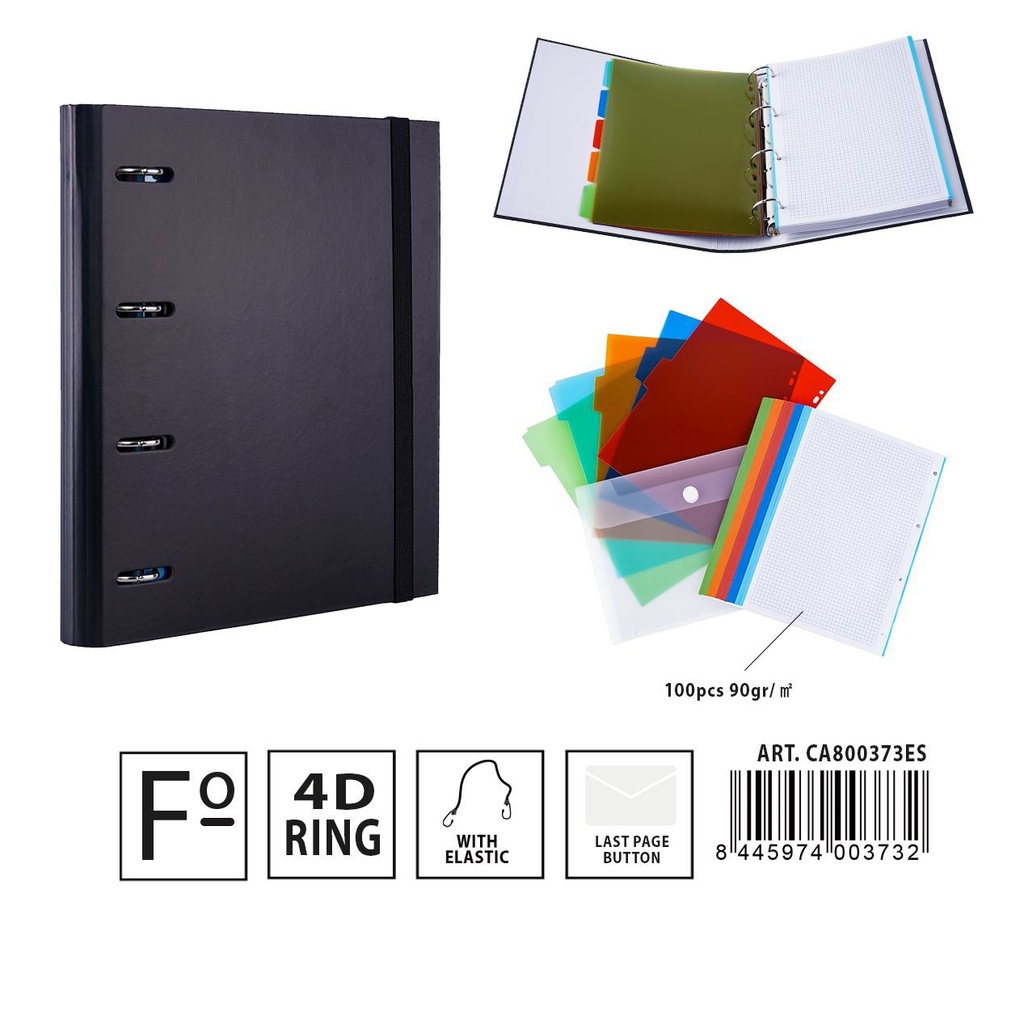 Carpeta multifunción 4 anillas D4 28*4*32 cm negro - Material de oficina y documentos