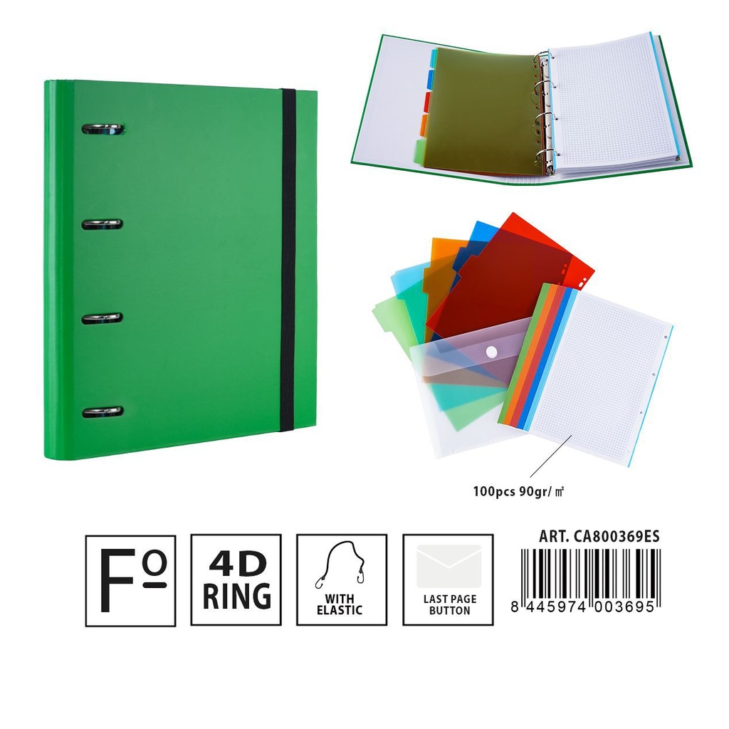 Carpeta multifunción 4 anillas D4 28*4*32 cm verde - Material de oficina y documentos
