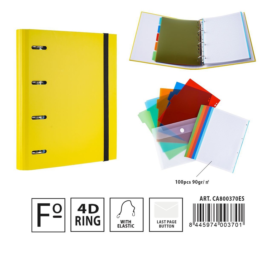 Carpeta multifunción 4 anillas D4 28*4*32 cm amarillo - Material de oficina y documentos