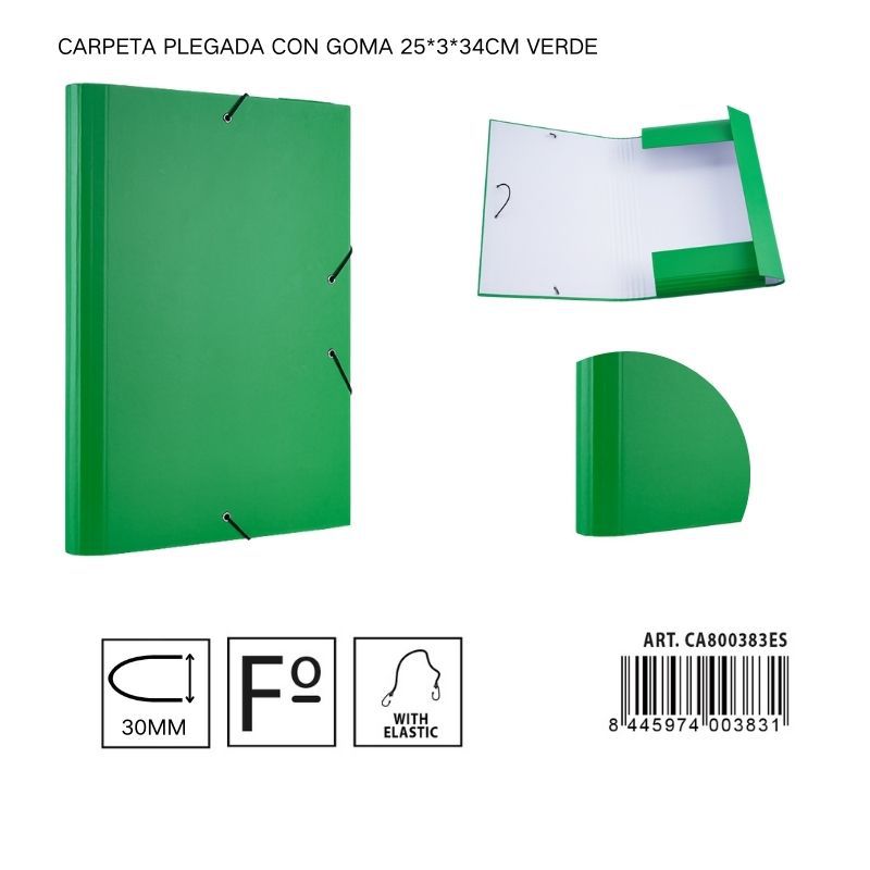 Carpeta plegada de papel con goma verde 25*3*34 cm - Carpeta organizadora de documentos