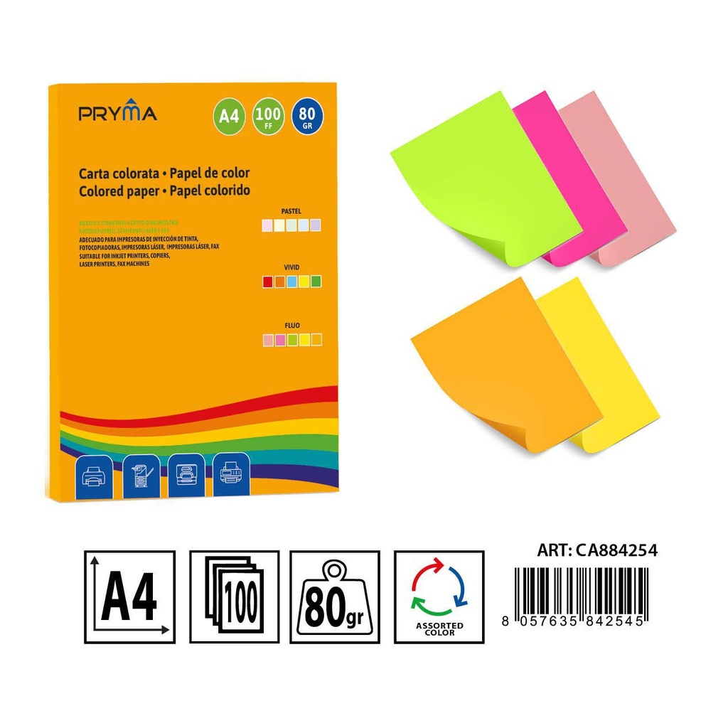 Papel de colores fluo A4 100FF 80g - Pack de papel creativo