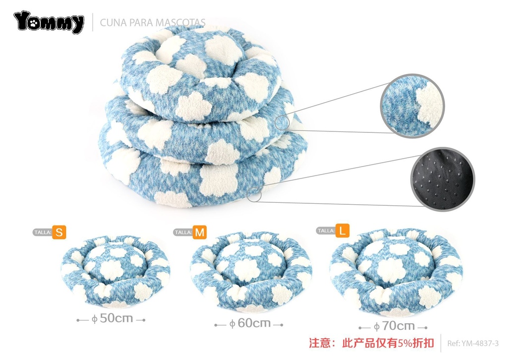 Cuna redonda de mascota de algodón con estampado de nubes, set de 3 piezas en azul claro - Accesorios para mascotas