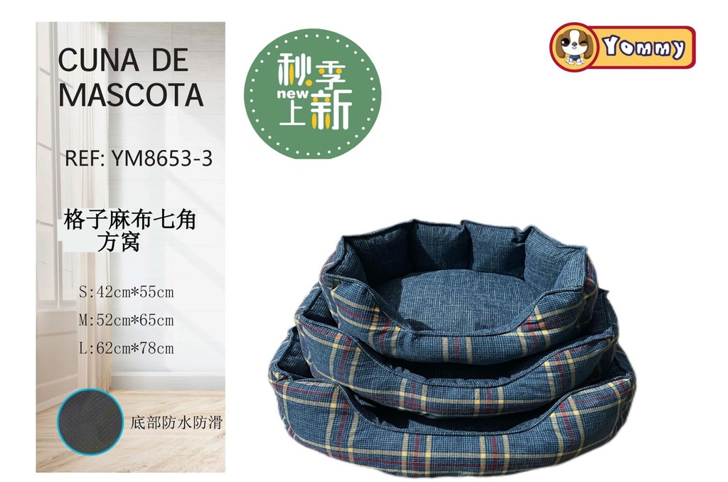 Cuna de tela a cuadros en color azul 3 piezas - Accesorios confortables para perros