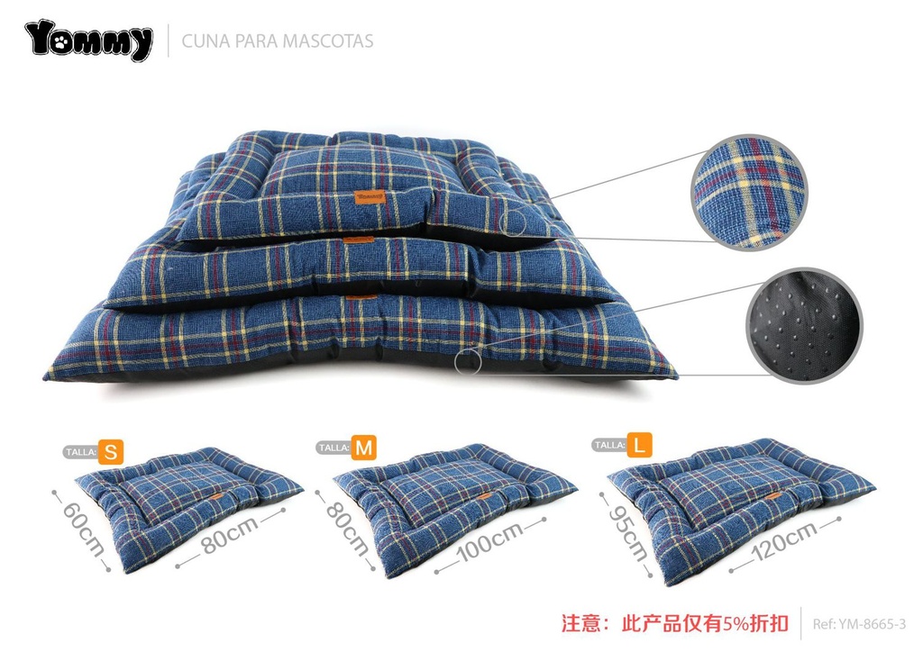Colchoneta de perro de tela a cuadros azul 3 piezas - Accesorios encantadores para mascotas