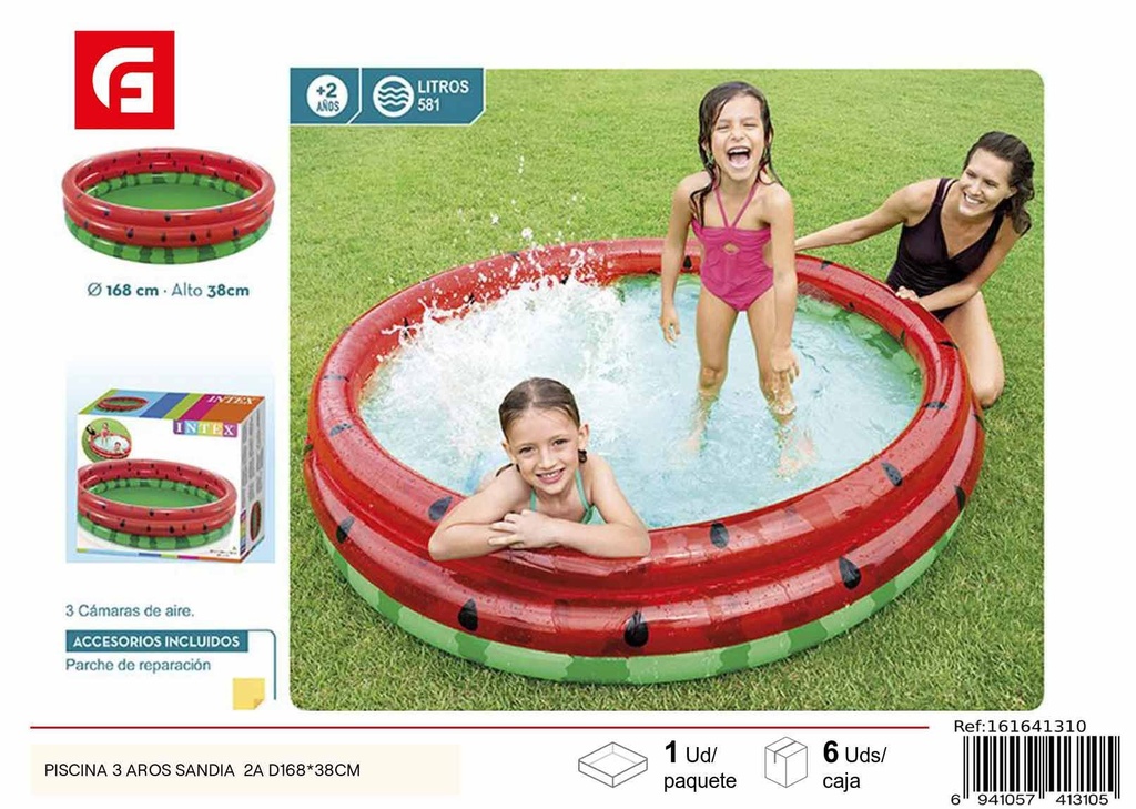 Piscina hinchable de 3 aros sandía +2 años D168x38 cm - Recreación acuática