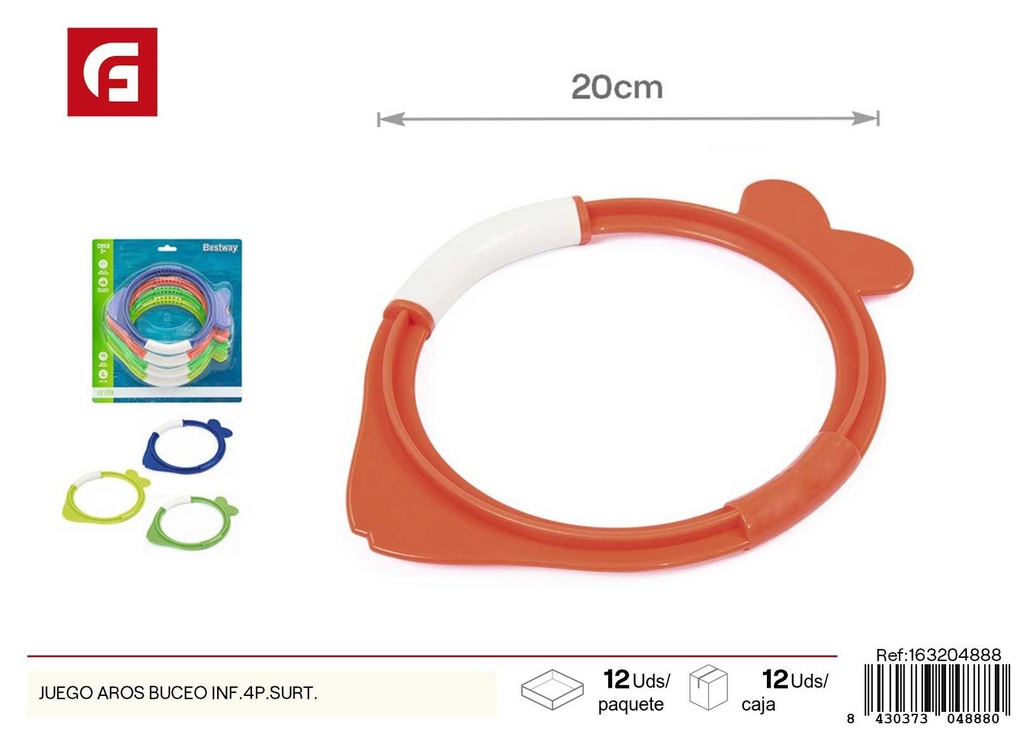Juego de aros de buceo infantiles 4 piezas surtidas - Accesorios de verano y juegos acuáticos