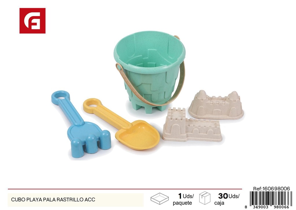 Cubo de playa con pala y rastrillo - Accesorios para juegos en la arena