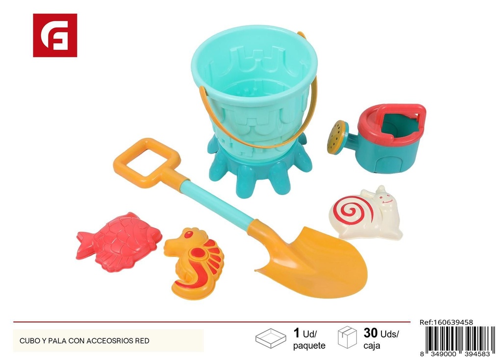 Cubo de playa con pala y accesorios rojos - Accesorios de verano y juegos de playa