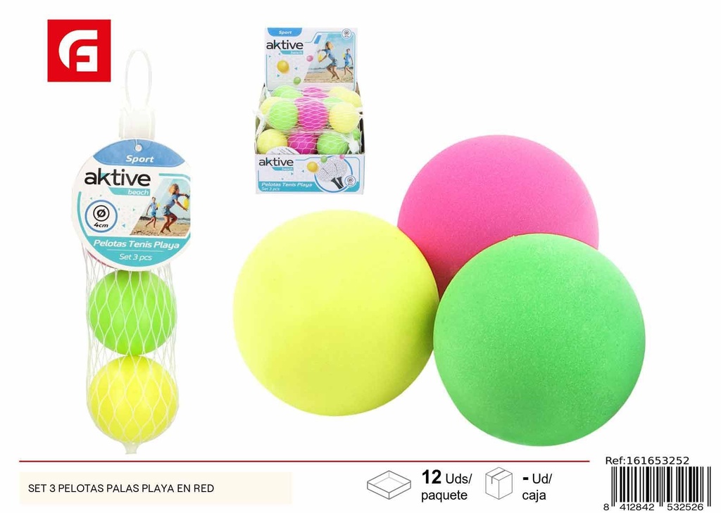 Set de 3 pelotas y palas de playa en red - Juguetes de verano para diversión al aire libre
