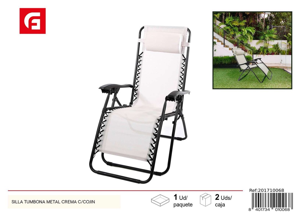 Silla tumbona de metal crema con cojín - Comodidad para el verano