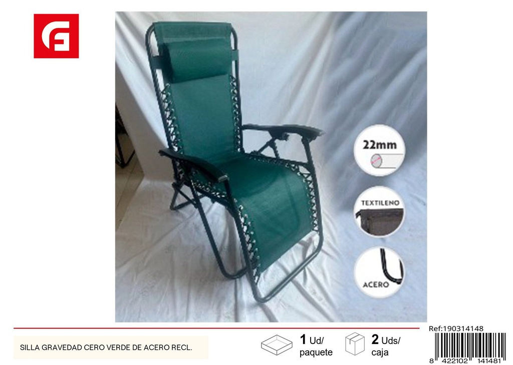 Silla gravedad cero verde de acero reclinable 22 mm - Muebles de verano y tumbonas