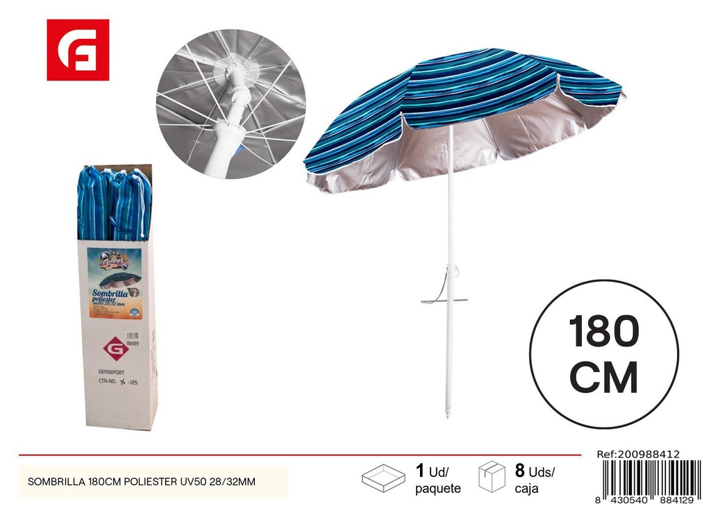 Sombrilla 180 cm poliéster UV50 28/32mm - Accesorios para el verano