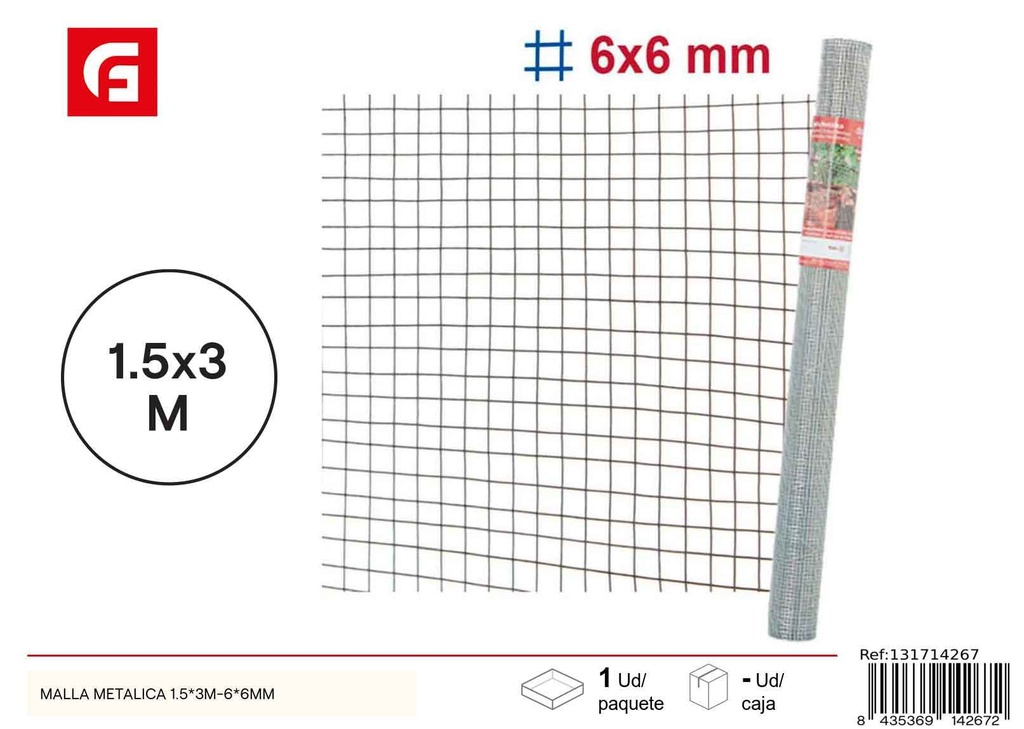 Malla metálica 1.5x3m - 6x6 mm - Accesorios de jardín para protección