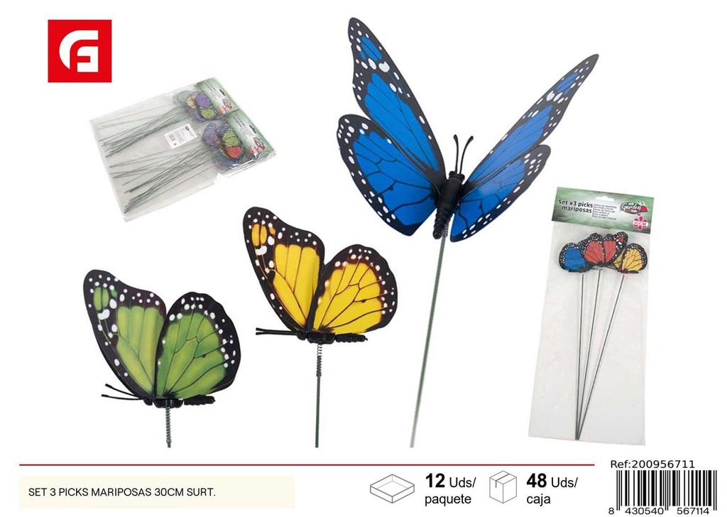 Set de 3 picks mariposas de 30 cm - Decoraciones de jardín y espantapájaros