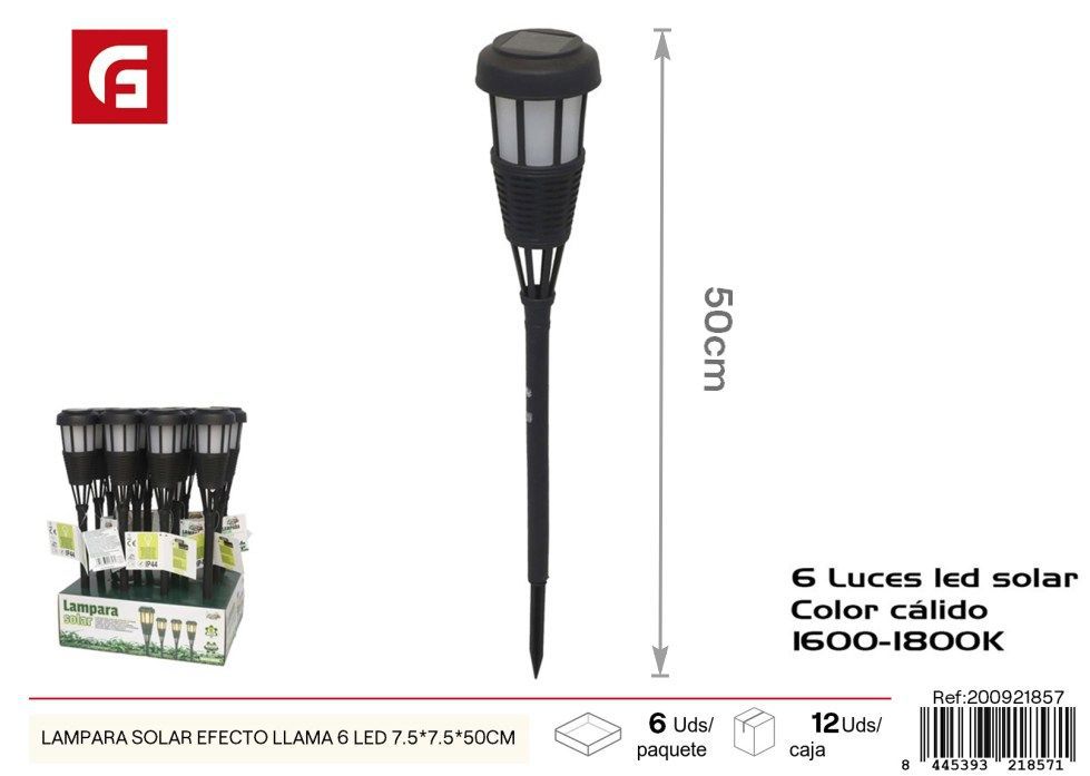 Lámpara solar efecto llama de 6 LED de 7.5x7.5x50 cm - Iluminación solar para jardín