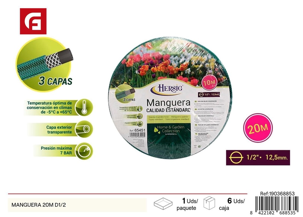 Manguera de 20 m 1/2 pulgadas - Jardín y riego