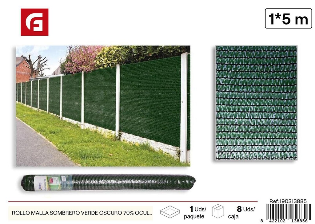 Rollo de malla de sombreo verde oscuro 70% ocultación 1x5m - Accesorios de jardín y mallas de sombra