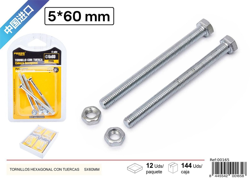 Tornillos hexagonales con tuercas Ø5*60mm - Fijaciones y herrajes para ferretería
