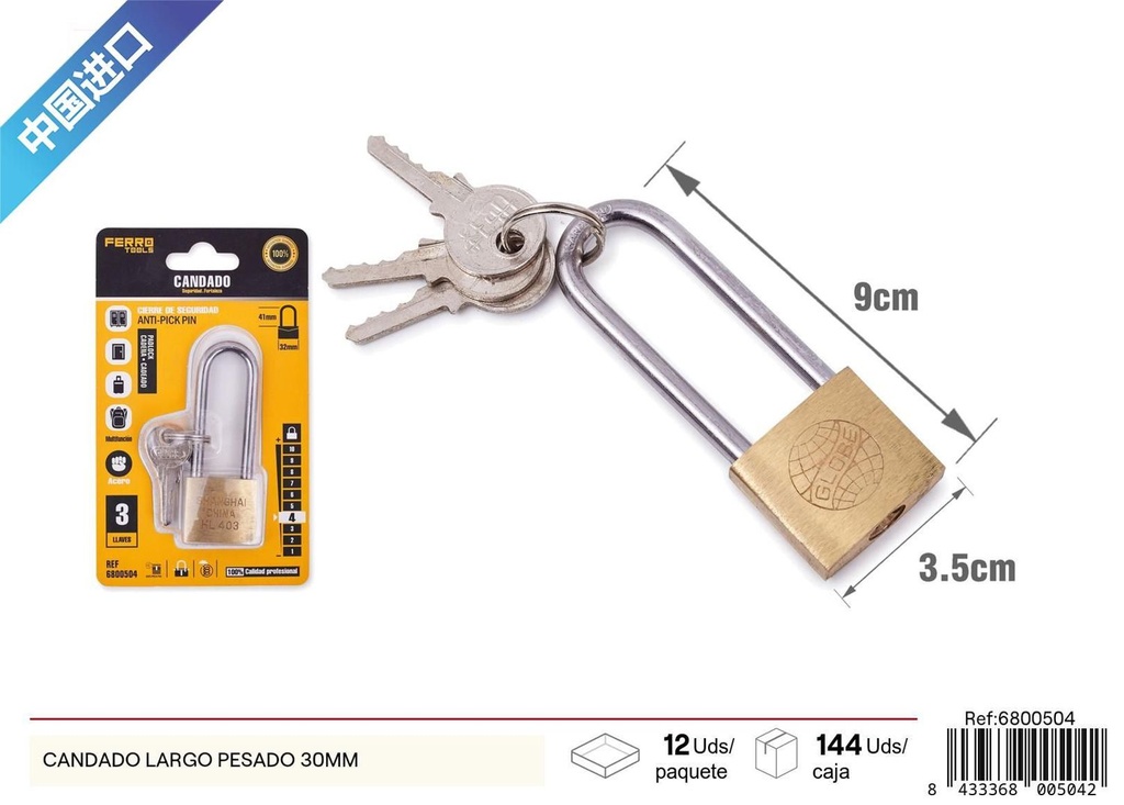 Candado largo pesado 30mm - Seguridad y candados para ferretería