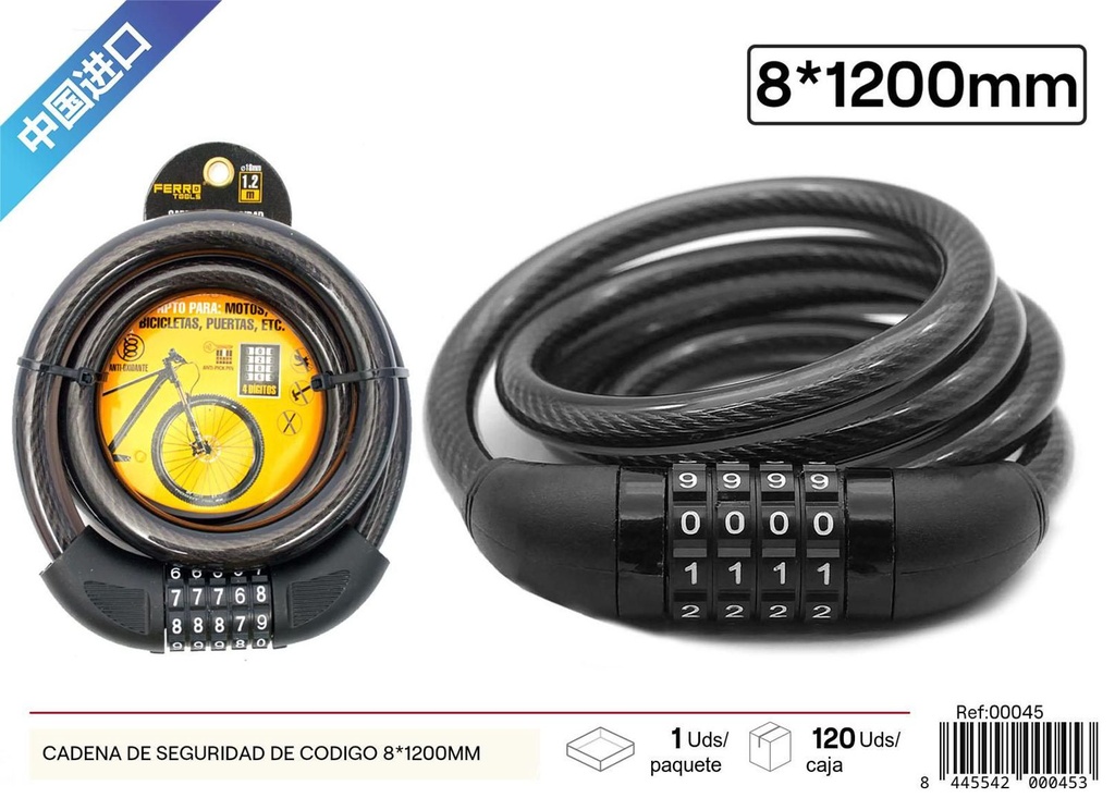 Cadena de seguridad de código 8*1200mm - Accesorios de bicicleta y seguridad