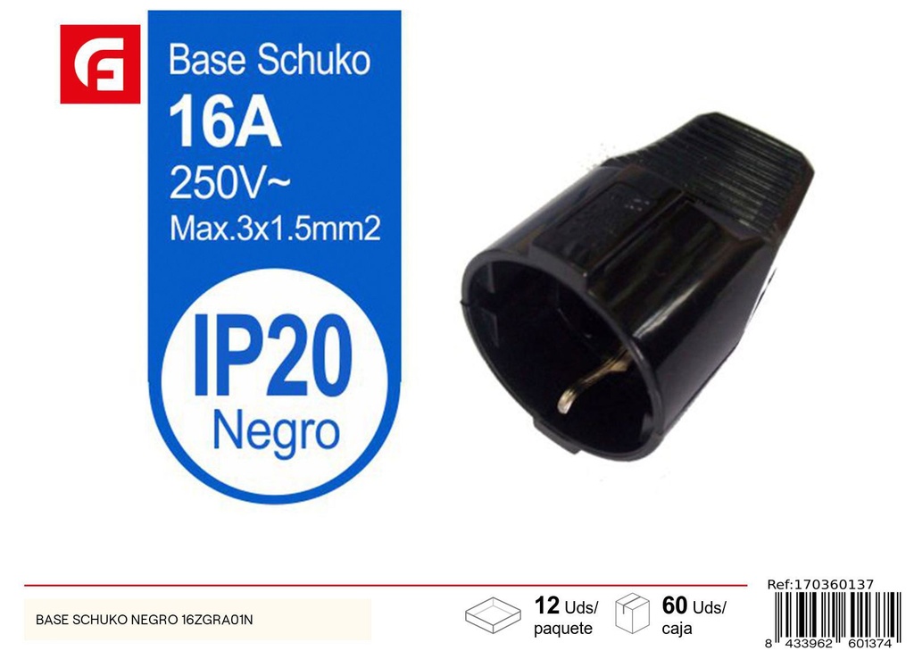 Base Schuko negra 16ZGRA01N - Suministros eléctricos y enchufes
