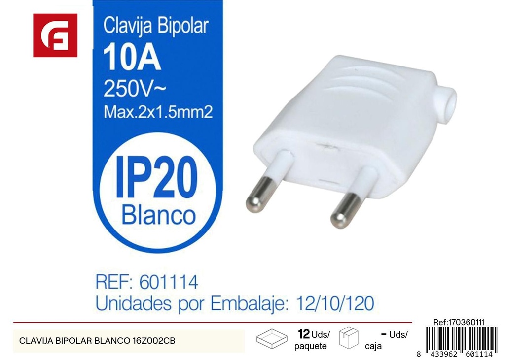 Clavija bipolar blanca 10A 250V - Suministros eléctricos y conectores