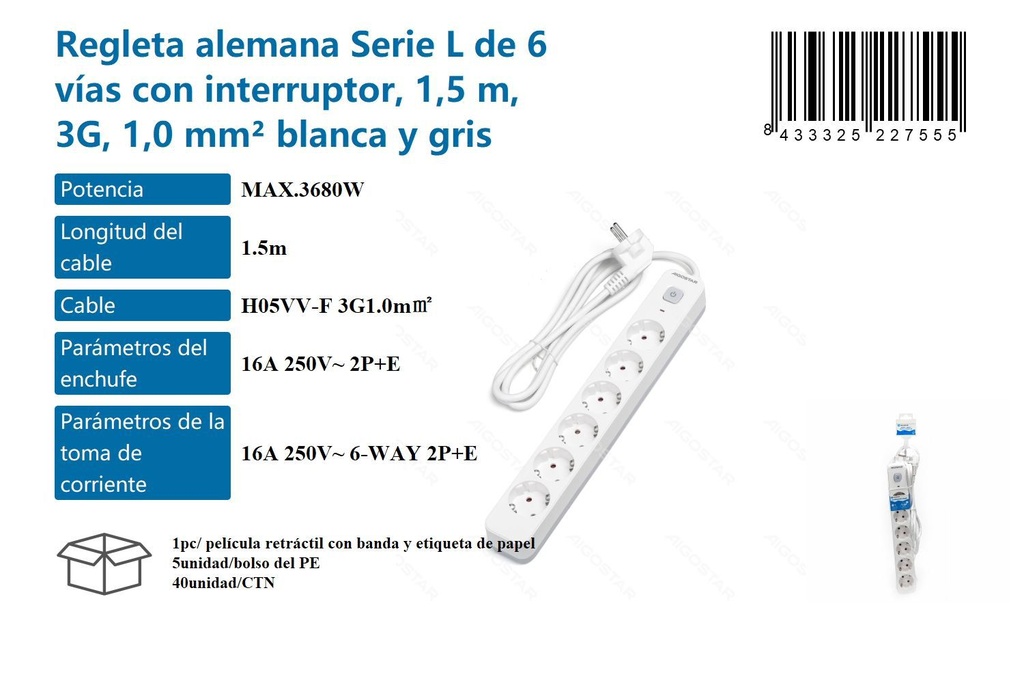 Regleta Alemana Serie L de 6 Vías con Interruptor 1.5m 3G 1.0mm - Suministros Eléctricos y Regletas