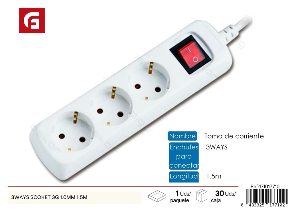 Toma de corriente 3 vías 1.0 mm 1.5M - Accesorios eléctricos