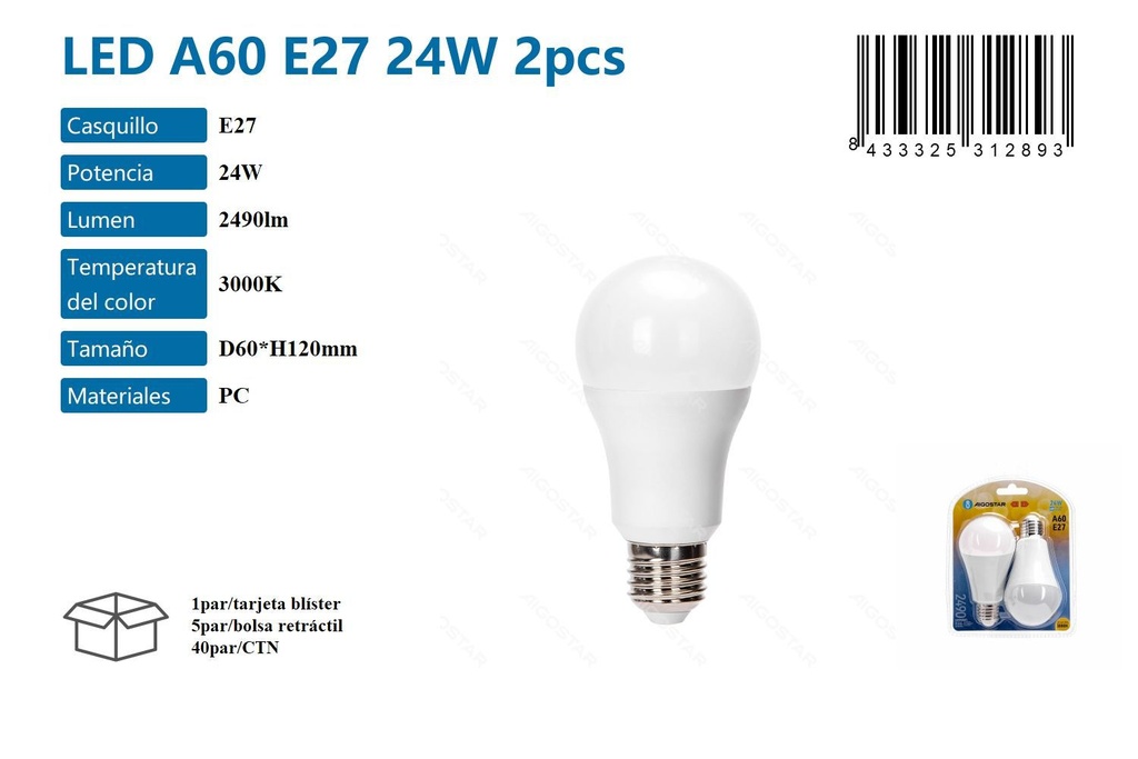 Bombilla LED A60 E27 2pcs 3000K - Iluminación y Bombillas LED