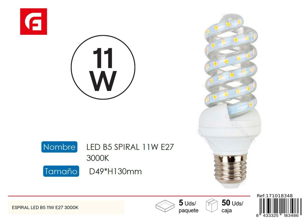 Bombilla LED Espiral E27 11W 3000K - Iluminación y Bombillas LED