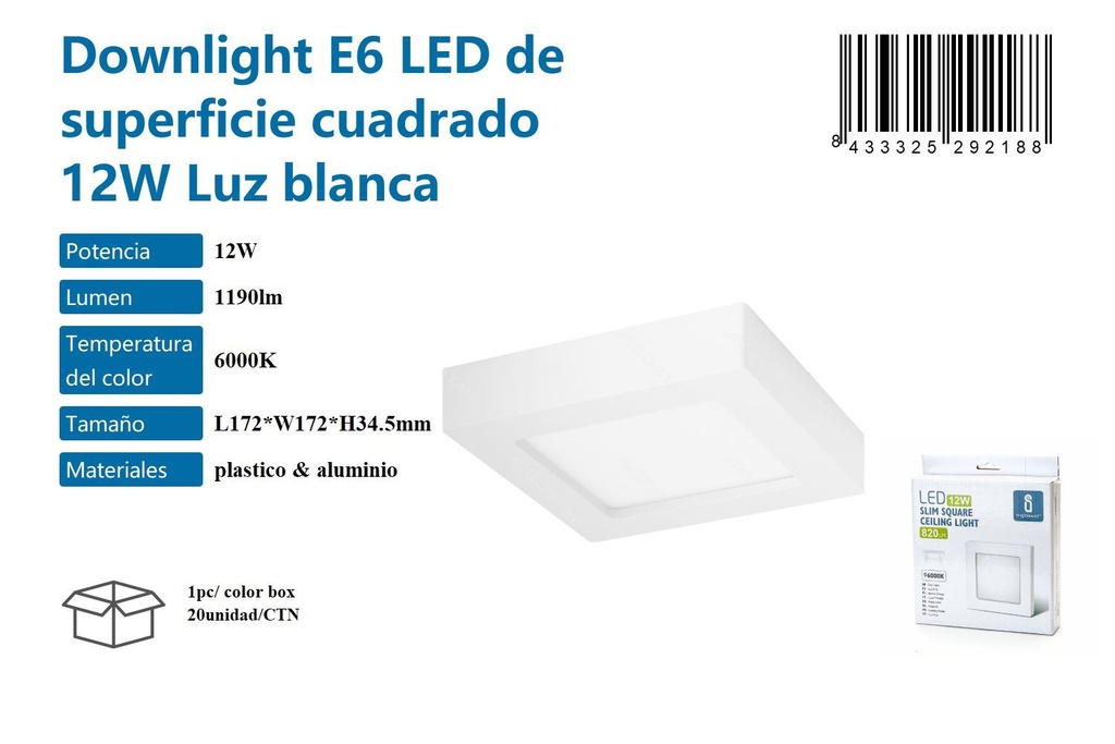 Downlight E6 LED de Superficie Cuadrado 12W Luz Blanca 6000K - Iluminación y Plafones